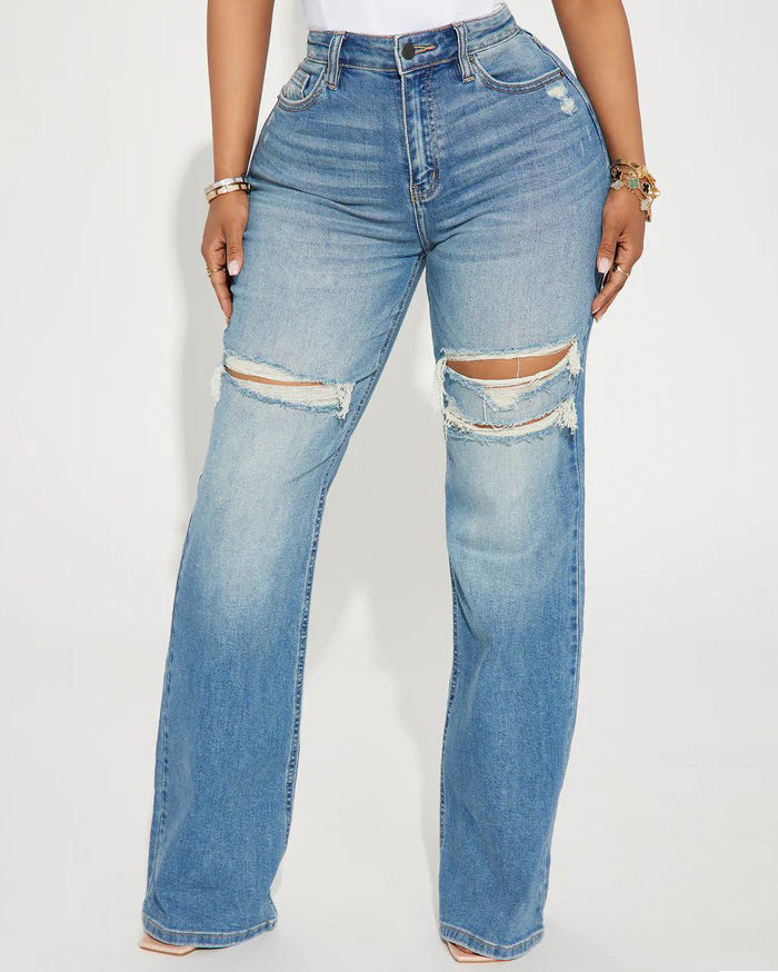 High-Waisted Wide-Leg Ripped Jeans