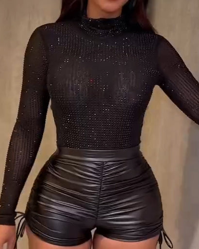 Women's Shiny Rhinestone Stand Collar Bodysuit Black