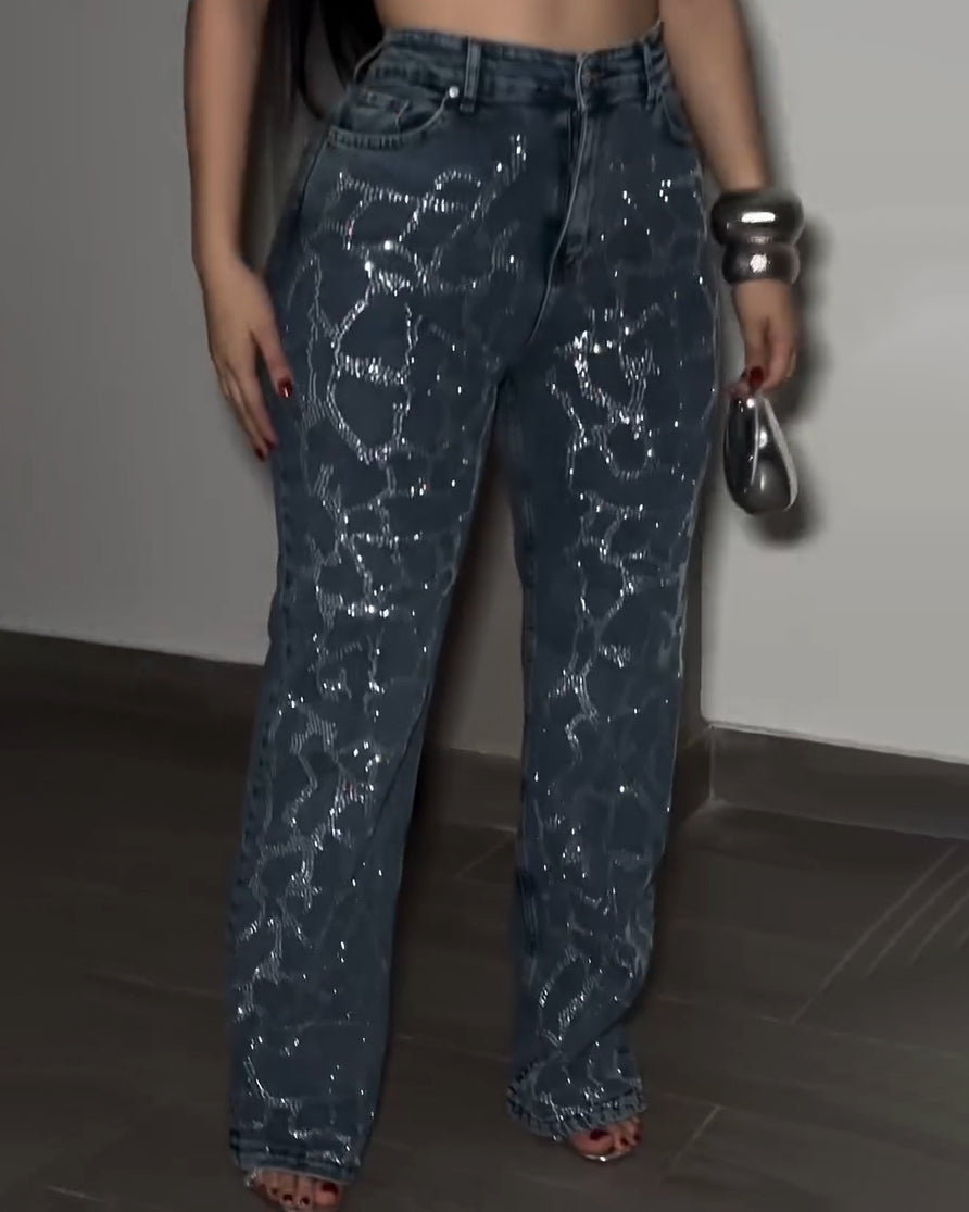 Fashionable Rhinestone Straight Leg Jeans Blue