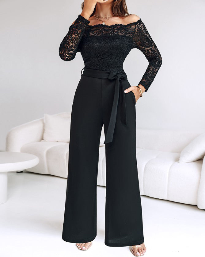 Lace-Paneled Off-the-Shoulder Long-Sleeved Bodycon Jumpsuit Black