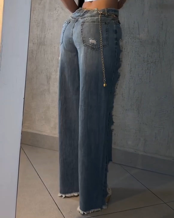 Women's High-Waisted Ripped Straight Leg Jeans