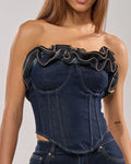 Wavy Ruffle Top For Women Demin Corset With Zipper Navy