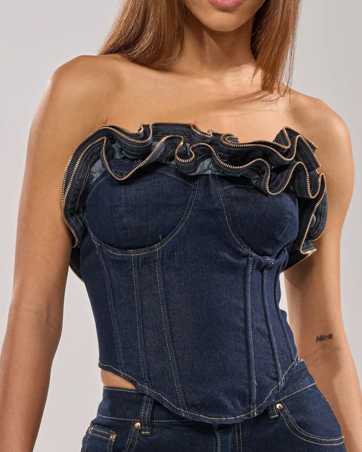 Wavy Ruffle Top For Women Demin Corset With Zipper Navy