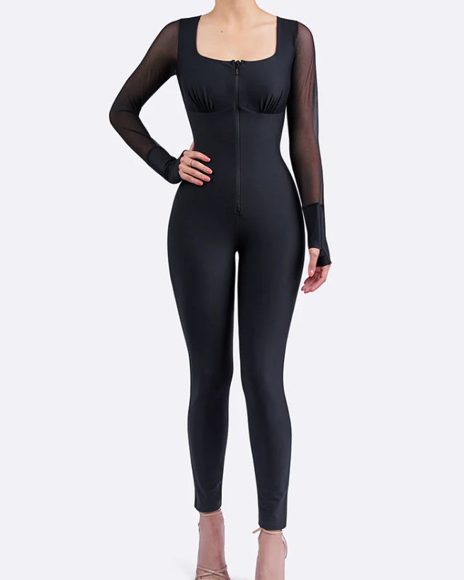 Front Zipper Slim Mesh Long Sleeve Bodycon Jumpsuit