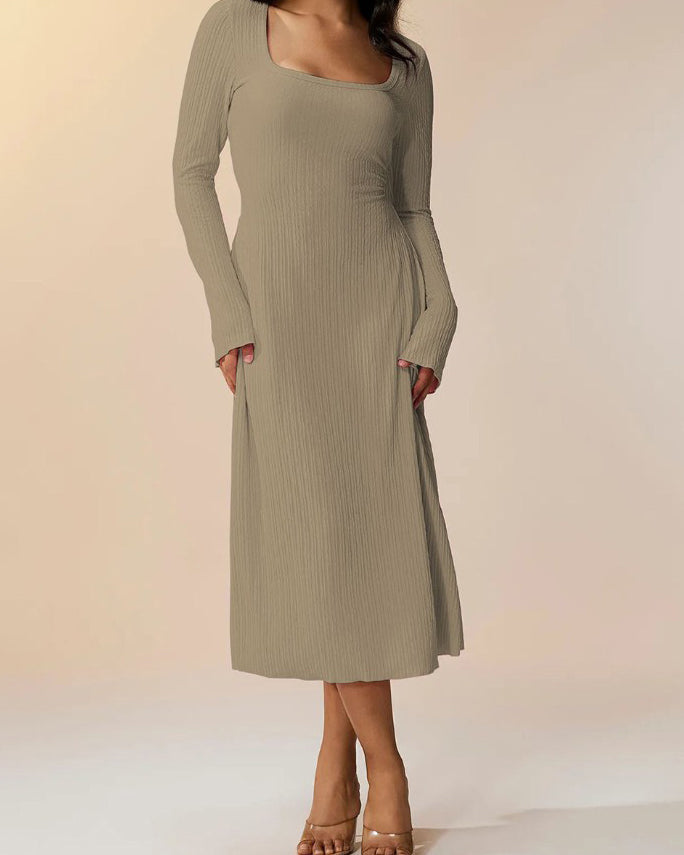 Knitted Ribbed Square Neck Long-Sleeved Tie Dress Olive