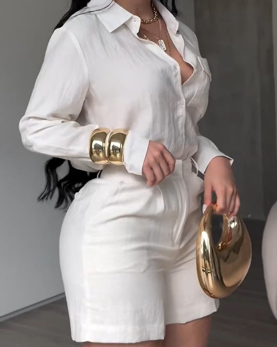 2 Piece Sets For Women Fashion Casual Shirts And Shorts White