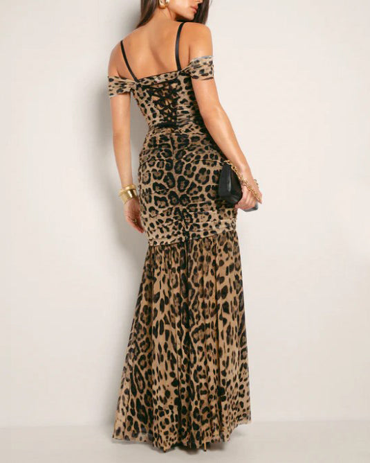 Off Shoulder Mesh Leopard Print Lace-Up Slimming Dress