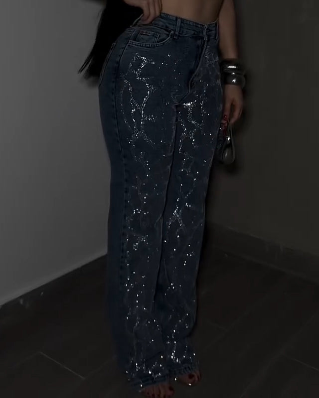 Fashionable Rhinestone Straight Leg Jeans