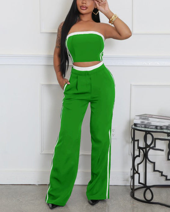 Fashion Stitching Style Tube Top Wide Leg 2 Piece Set Green