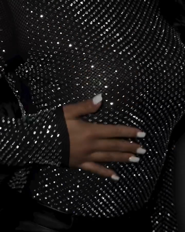 Sexy Mesh Sparkling Rhinestone Long-Sleeved Top