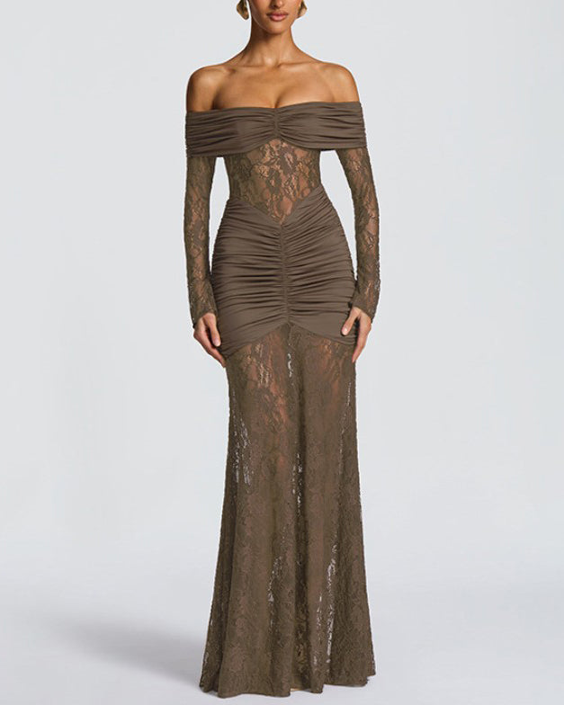 Sexy Lace Off-Shoulder Slit Long-Sleeved Dress Olive