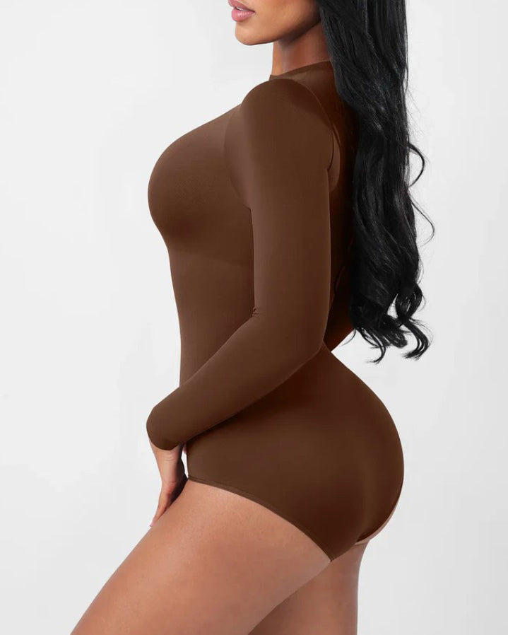Seamless Comfort Round Neck Long-Sleeved Thong Shaper Bodysuit
