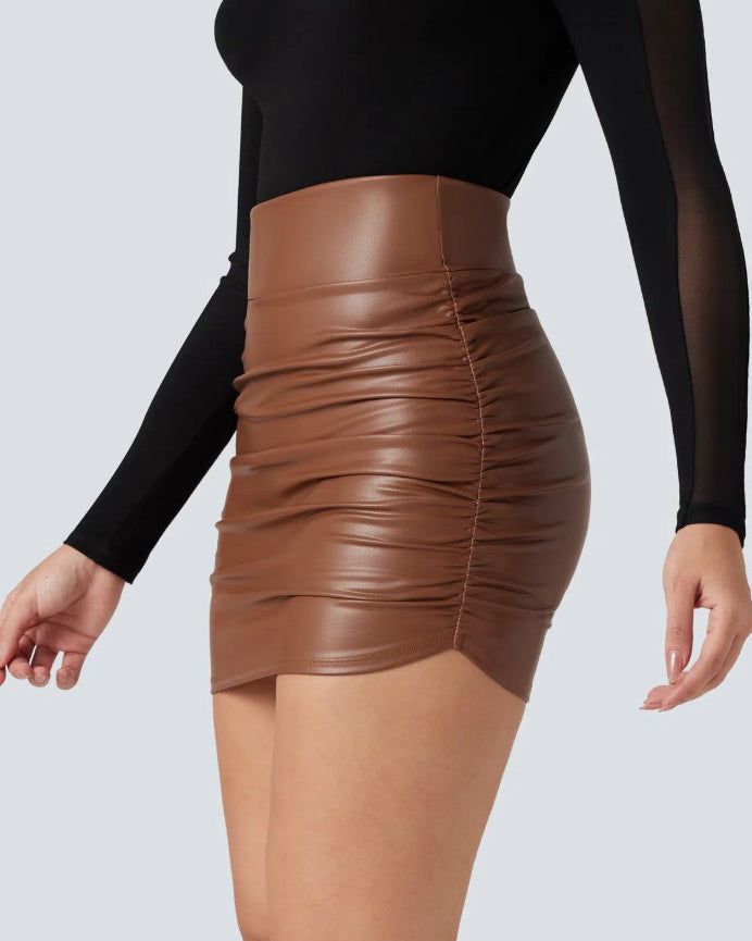 Women's Ruched 2 In 1 Leather Mini Skirt Brown