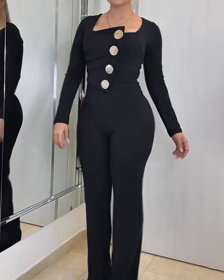 Women's Long-Sleeved Button Slim Fit Jumpsuit