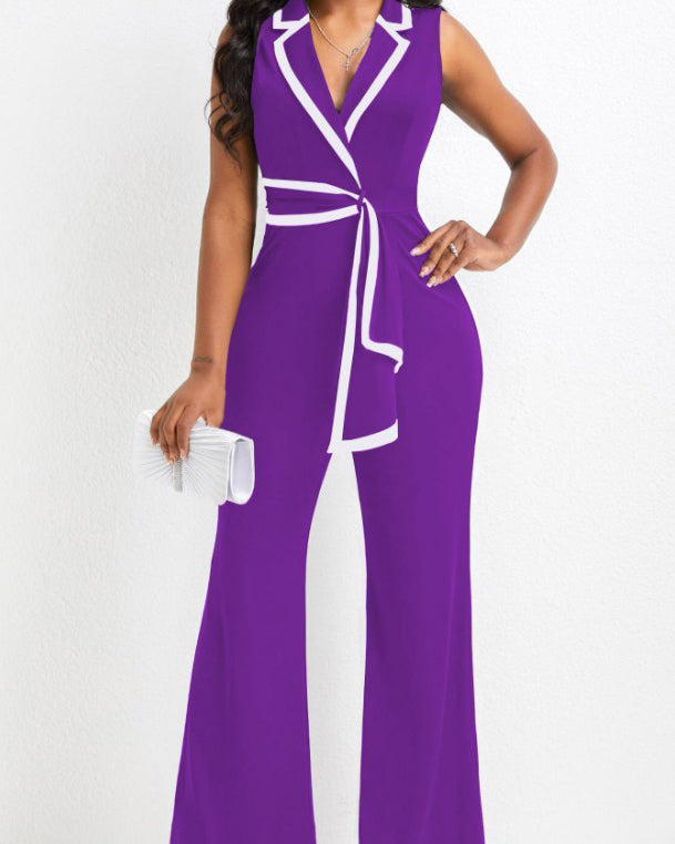 V-Neck Splicing Sleeveless Wide-Leg Jumpsuit Purple
