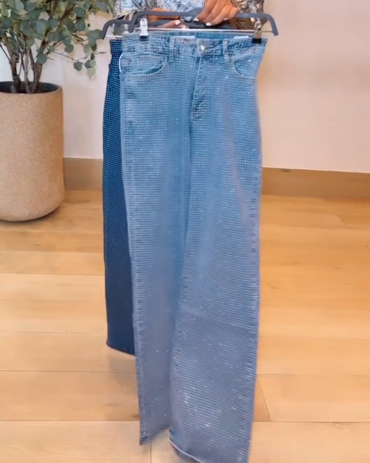 Women's Rhinestone-Studded Sparkly Jeans Lightblue