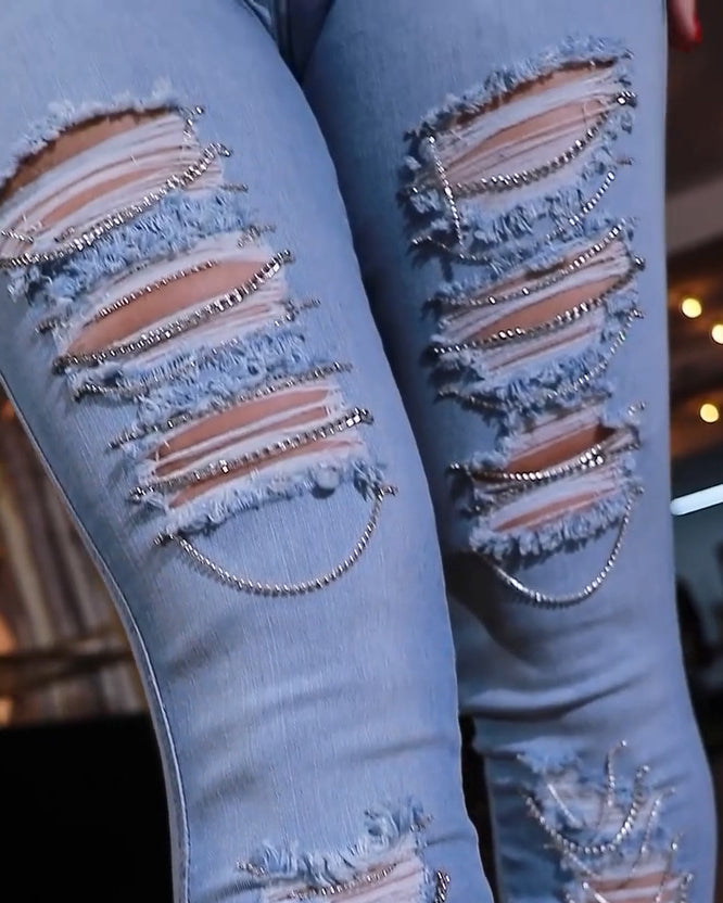 Women's Ripped Metal Chain Skinny Jeans