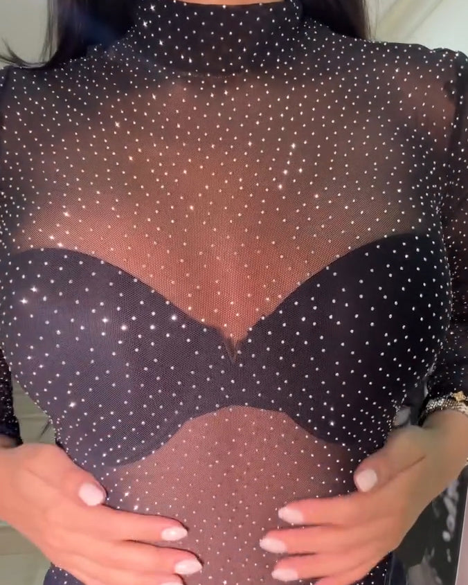 Mesh Rhinestone Sexy Bodysuit