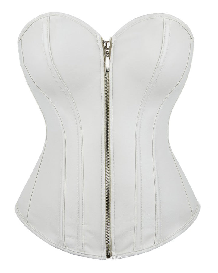 Sexy Front Zipper Tummy-Control Leather Corset Top White