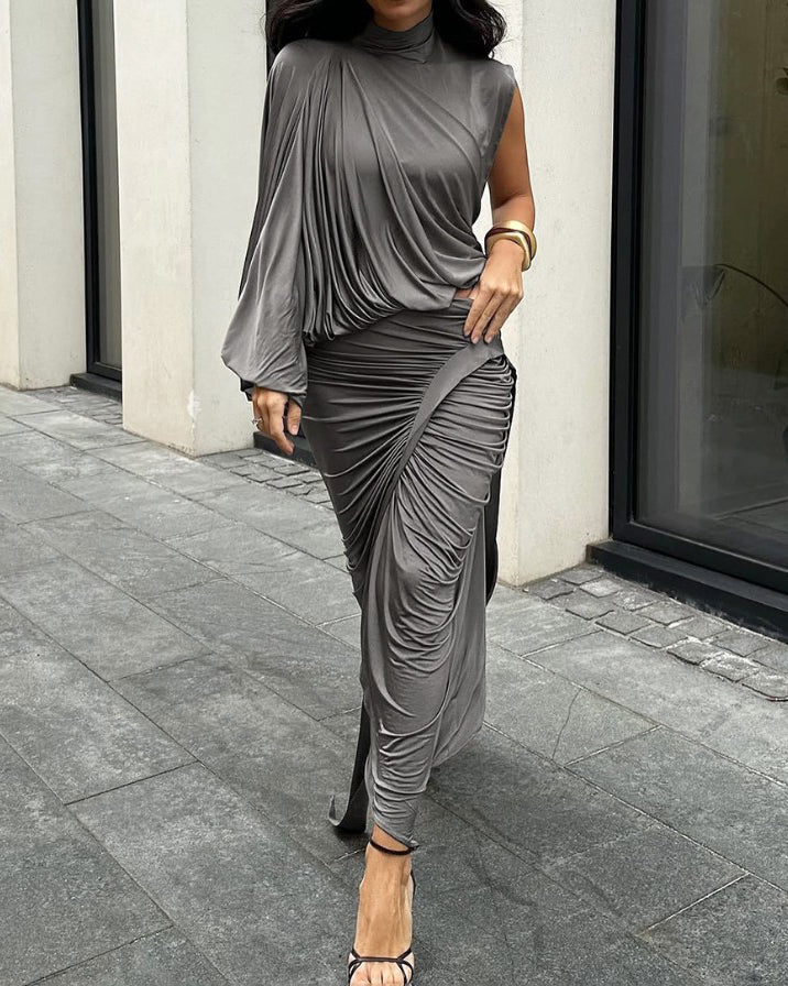 Women's One-Shoulder Sleeve Ruched Slim Skirt 2-Piece Set