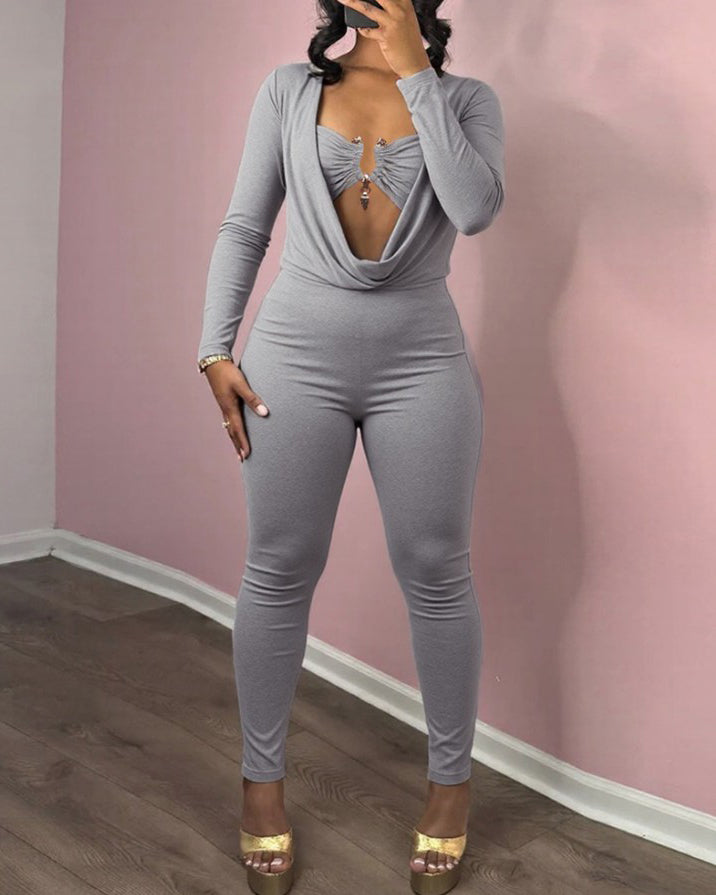 Sexy Draped Neck Slimming Long-Sleeved Jumpsuit Gray