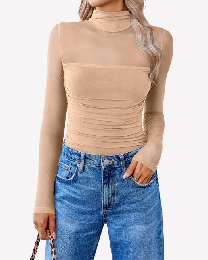 Ruched Sheer Mesh Slimming Shapewear Thong Bodysuit Tan
