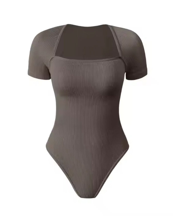 Square Neck Short Sleeve Ribbed Thong Bodysuit Gray