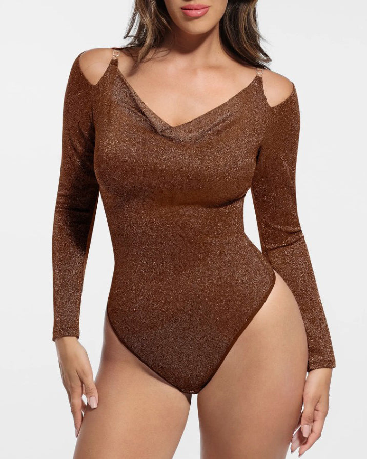 Shiny Long-Sleeved Slim-Fitting Bodysuit Brown