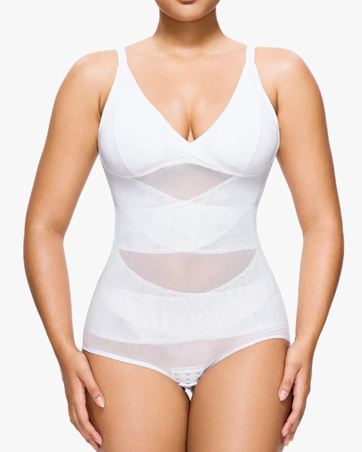 Sheer Mesh Slimming Thong Bodysuit White