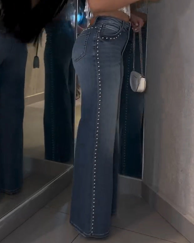 Women's Studded Trims Wide-Leg Jeans