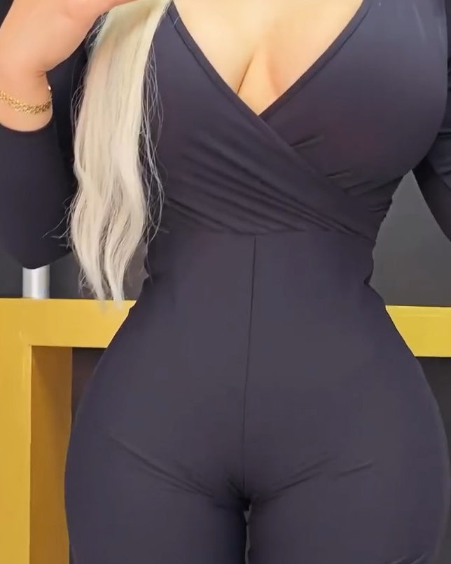 Women's V-Neck Long-Sleeved Slim-Fit Wide-Leg Jumpsuit