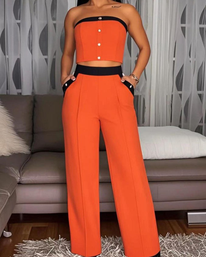 Sexy Fashionable Sleeveless Trousers 2-Piece Set Orange