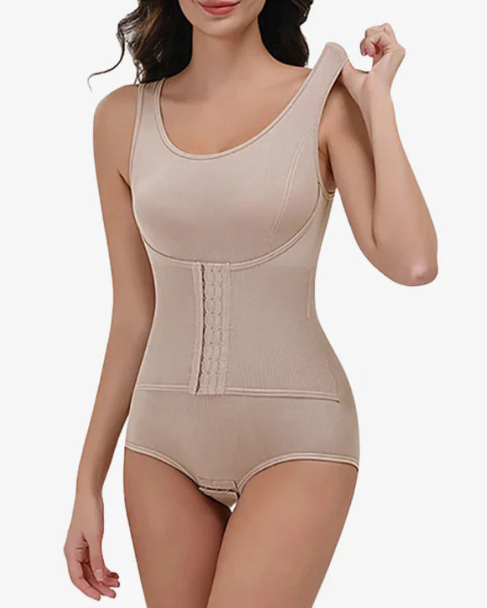 Seamless Comfortable Double-Layer Tummy Shaping Thong Bodysuit Tan