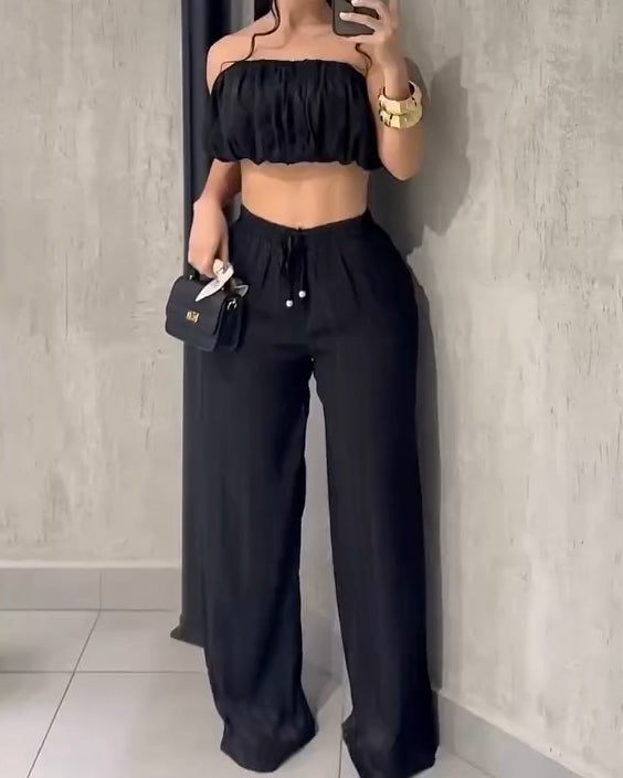 Shinny Bandeau Wide-Leg Slim Fit 2-Piece Set