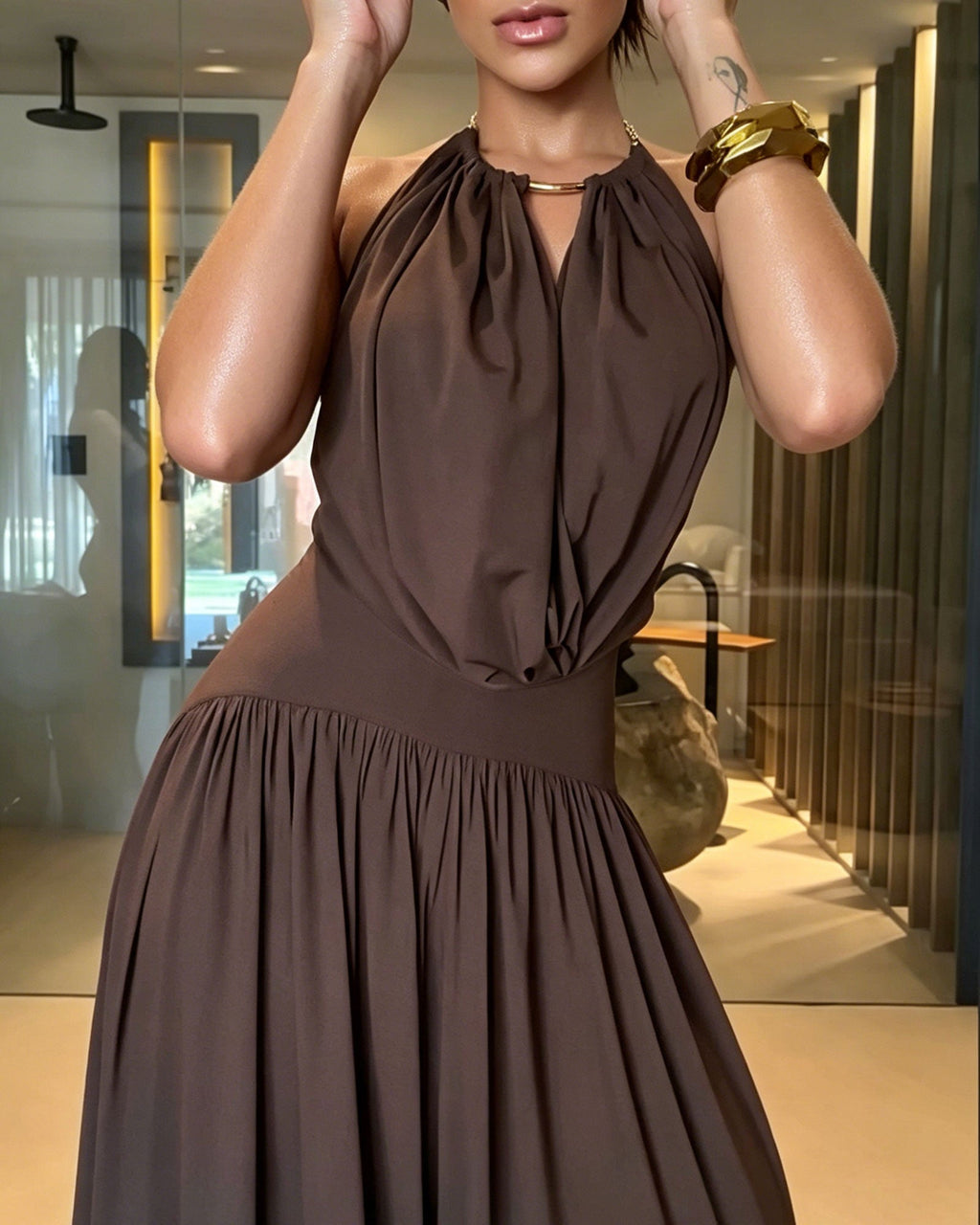 Halter Neck Draped Bodysuit & Flowy Maxi Skirt Two-Piece Set
