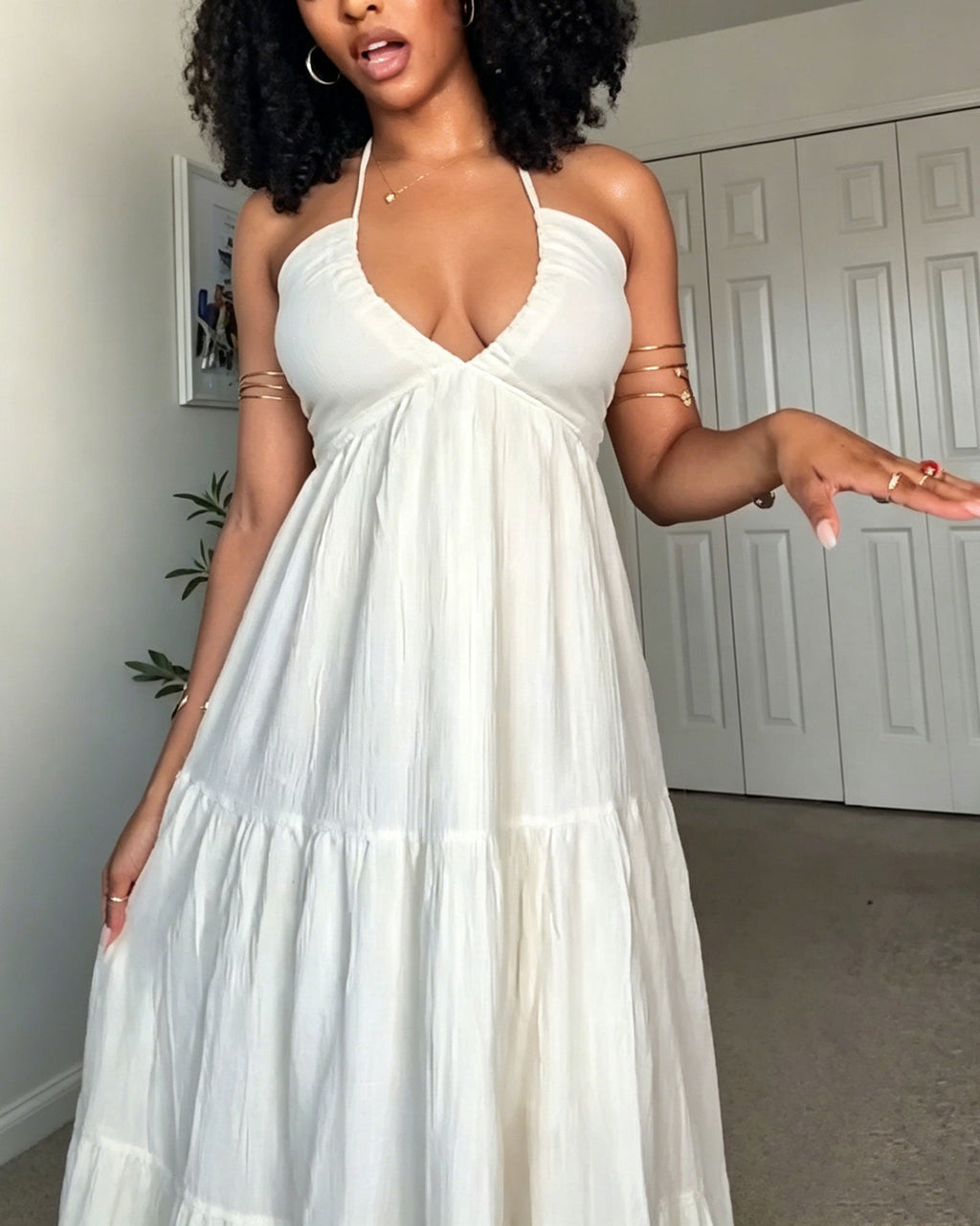 Deep V-neck Backless Halter-Neck Layered Long Dress