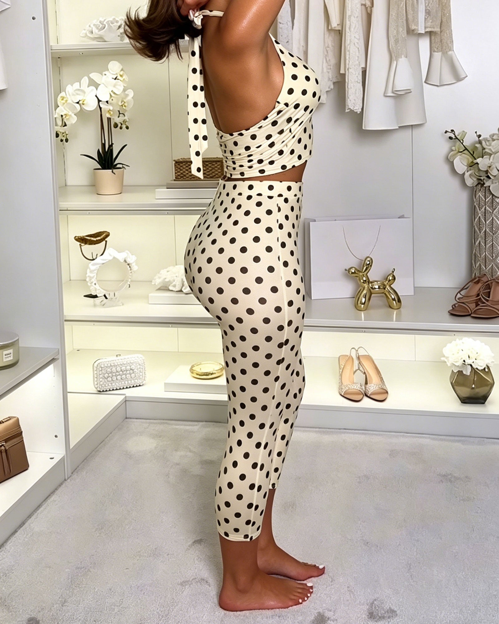 Polka Dot Halter Top Corset Capri Leggings Three-Piece Set