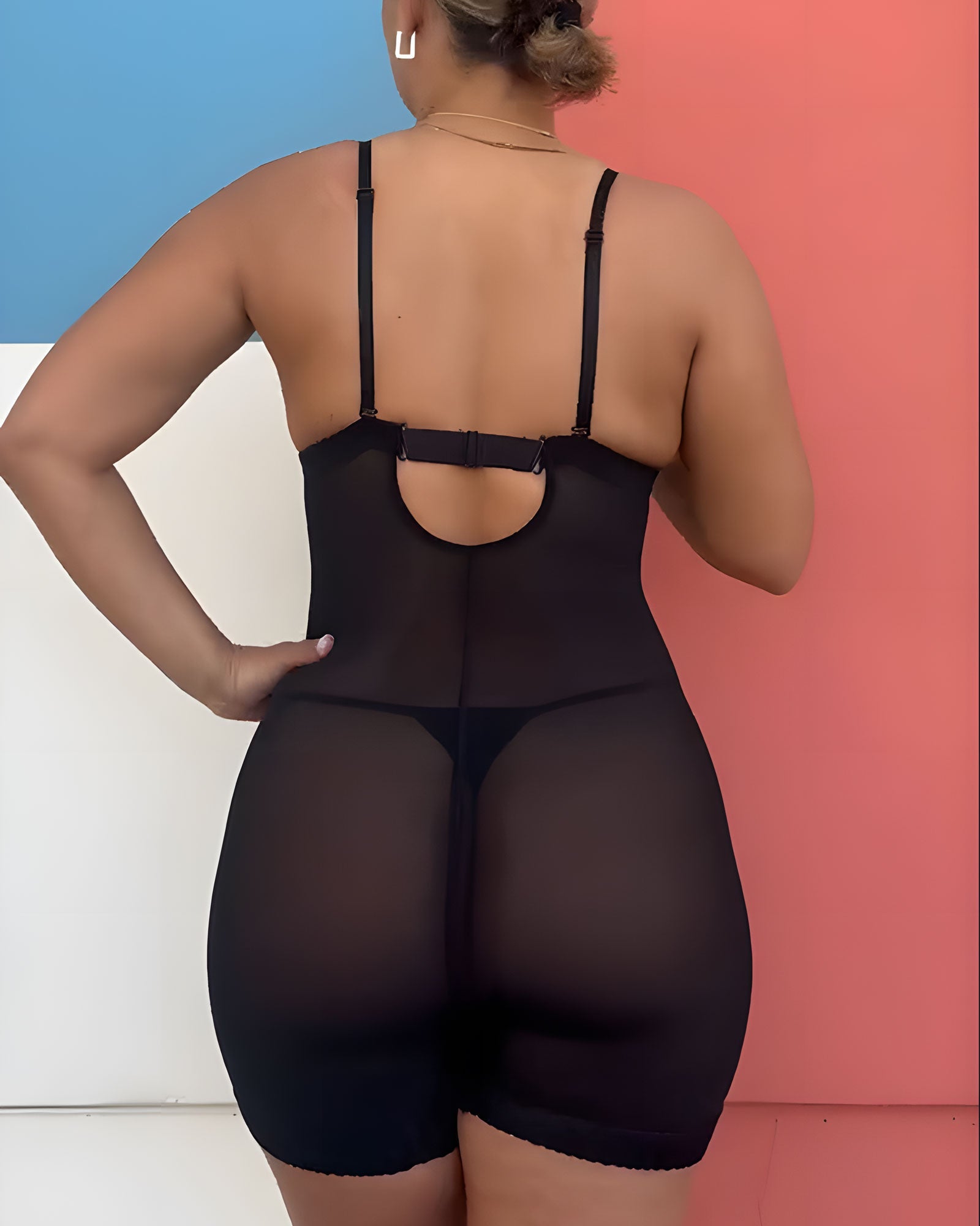 Deep V-Neck Thin Strap Bodysuit With Full Side Sheer Mesh Mid Thigh Shaping And Tummy Control