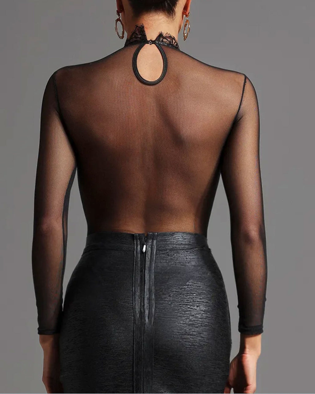 Sheer Mesh & Lace Long-Sleeve Bodysuit