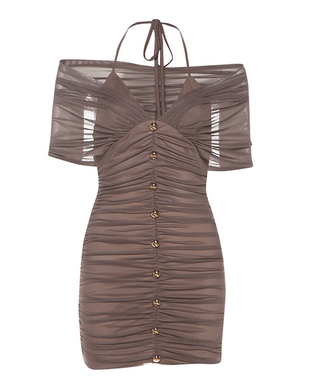 Sheer Spaghetti Strap Off Shoulder Deep V Neck Pleated Slim Fit Mini Dress