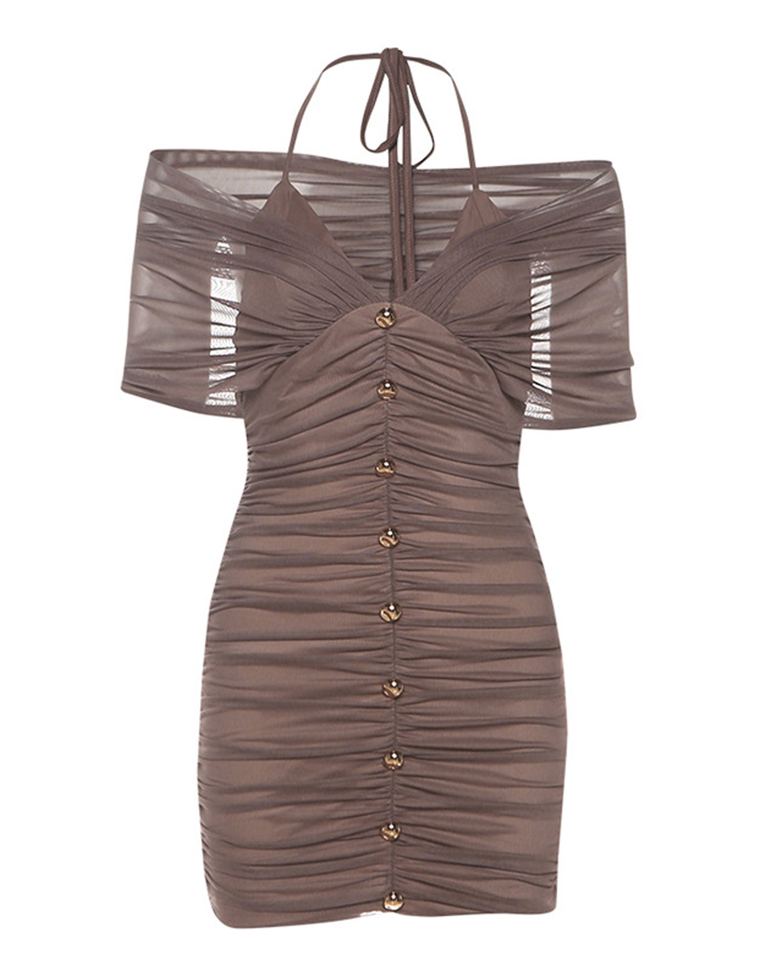 Sheer Spaghetti Strap Off Shoulder Deep V Neck Pleated Slim Fit Mini Dress
