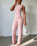 Vertical Striped Sleeveless Pointed Hem Vest And High Waisted Wide Leg Pants Two Piece set