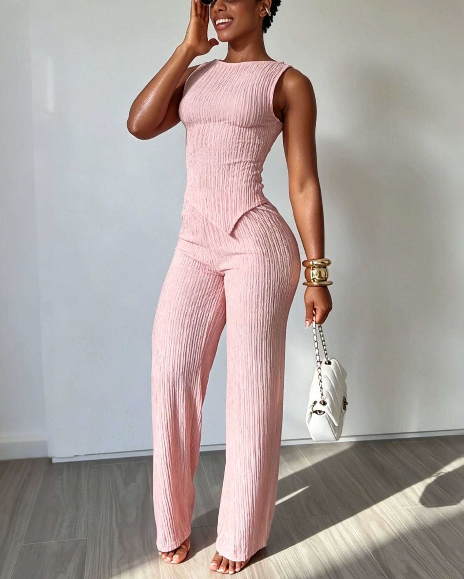 Vertical Striped Sleeveless Pointed Hem Vest And High Waisted Wide Leg Pants Two Piece set
