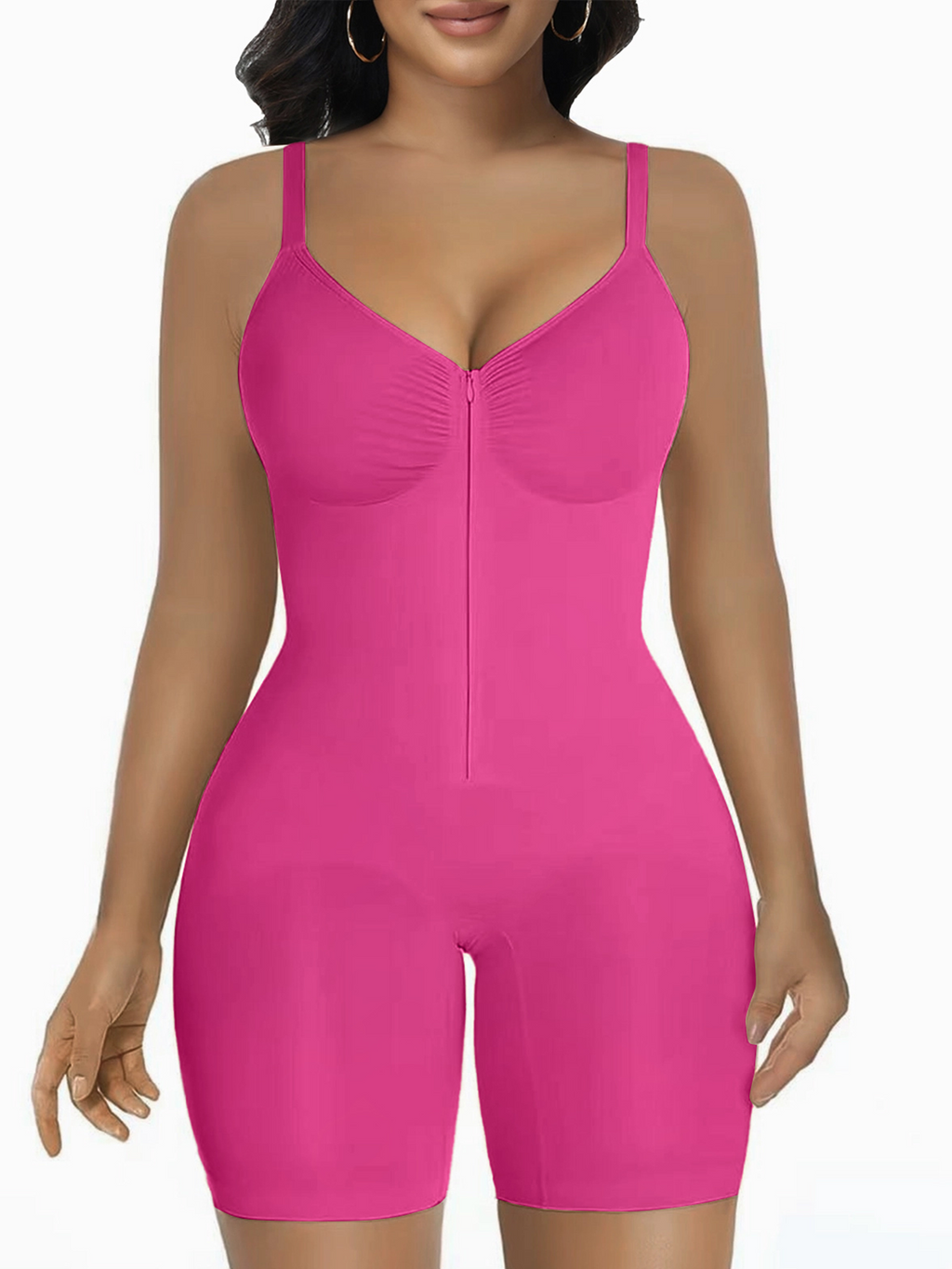 Women's High Elastic Zipper Adjustable Straps Breathable Mesh Design Tummy Control Body Shaper Pink
