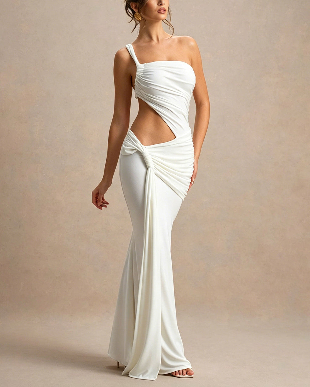 Solid Color One Shoulder Twisted Shoulder Strap Side Cutout And Pleated Maxi Dress