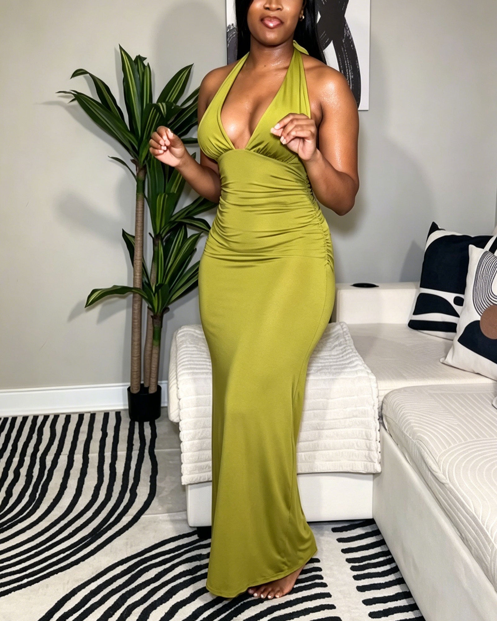 Halter Neck Open Back Ruched Bodycon Maxi Dress