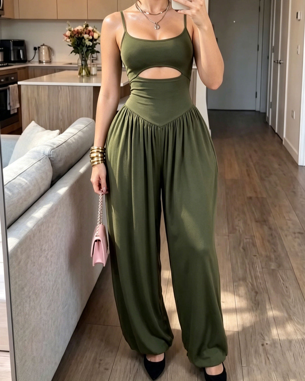 Spaghetti Strap Cutout Waist Tie-Back Wide Leg Jumpsuit