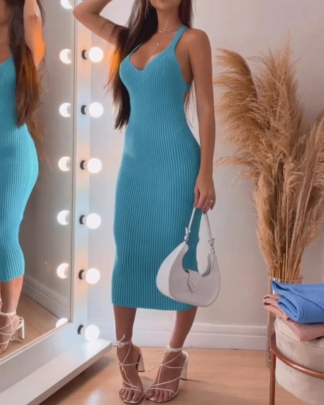 Ribbed Knit Backless Bodycon Dress Cyan