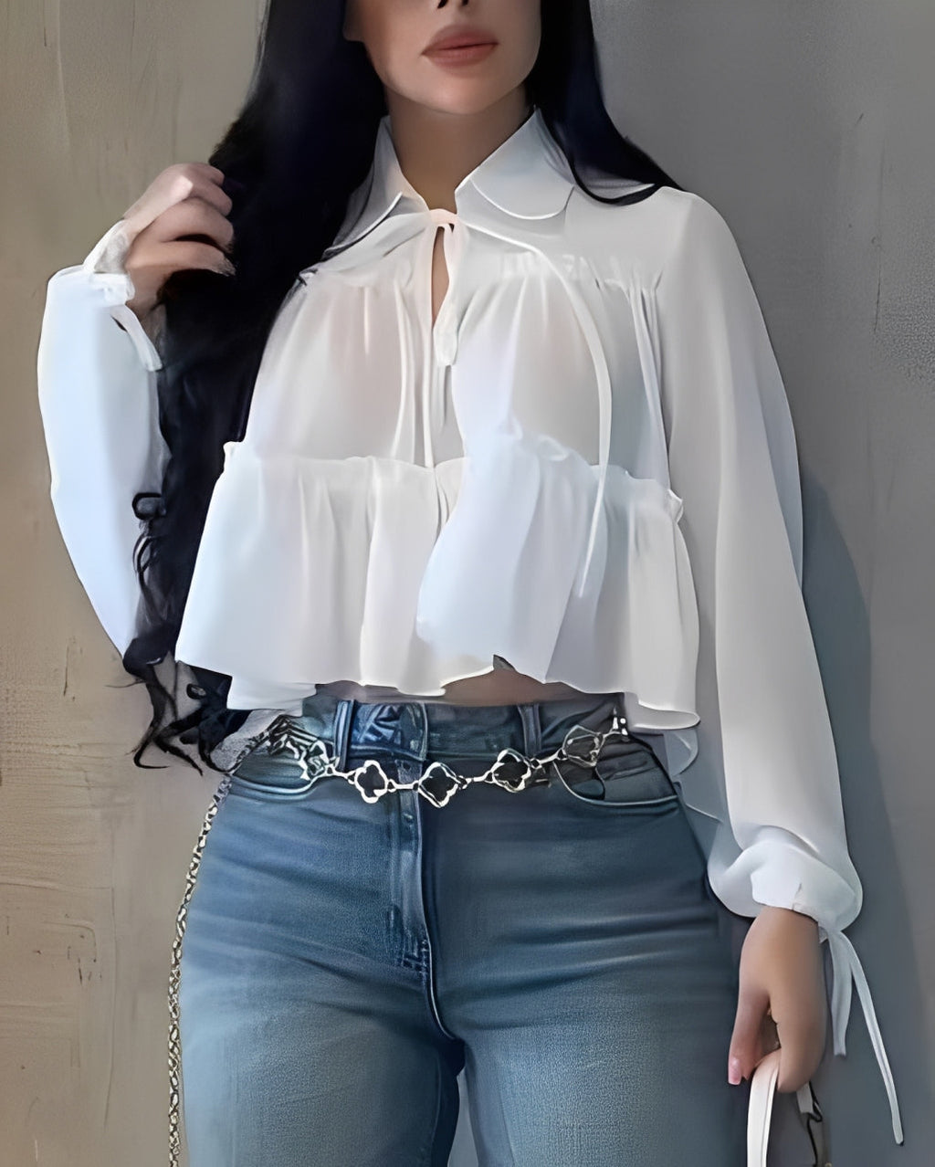 Women's Chiffon Ruffle Long Sleeve Shirt White