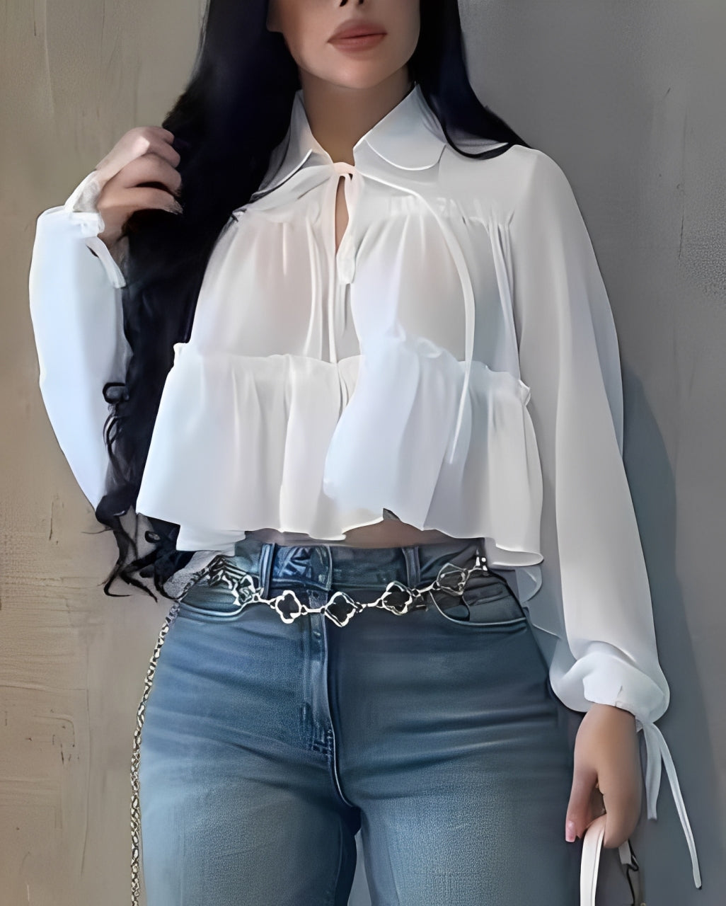 Women's Chiffon Ruffle Long Sleeve Shirt White